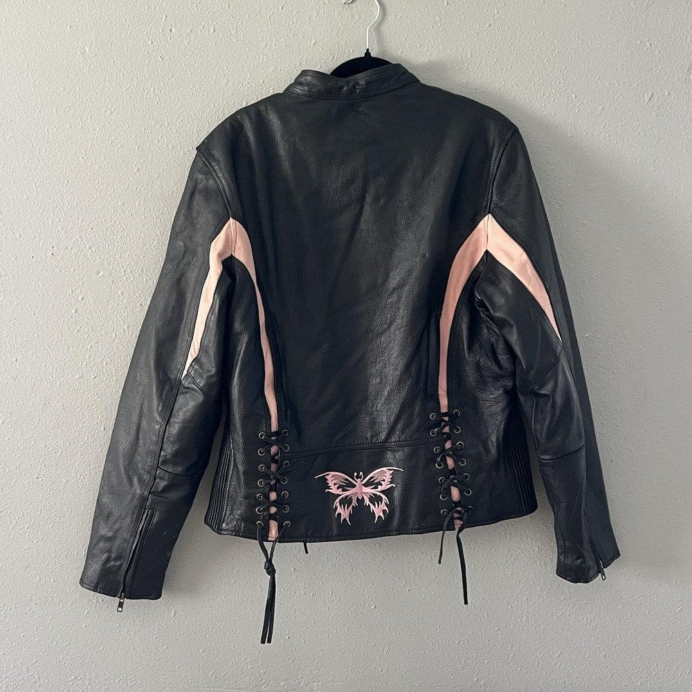 UNIK Premium Leather Moto Jacket Women's XL Black Pink Lace Up Biker Y2K Grunge